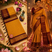 Sari "Kalyani 2" - Jaune safran/bordeaux à carreaux