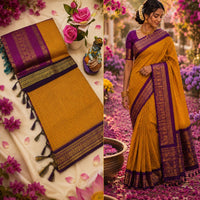Sari "Kalyani 2" - Jaune safran/mauve à carreaux
