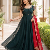 Anarkali/Robe Collection "Juhi" - Vert bouteille & rouge