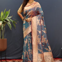 Sari Gulmahor Bleu vert irisé