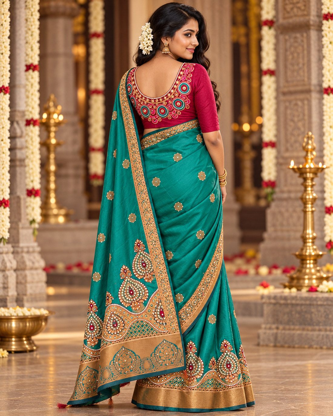 Sari "Maharani" - Turquoise/Grenat