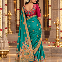 Sari "Maharani" - Turquoise/Grenat