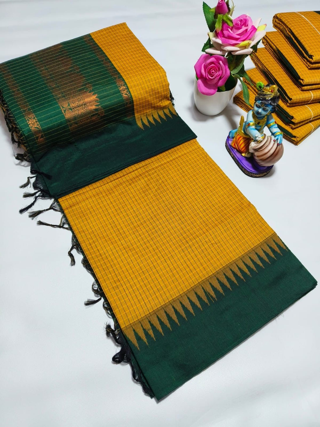 Sari "Kalyani 2" - Jaune/vert à carreaux
