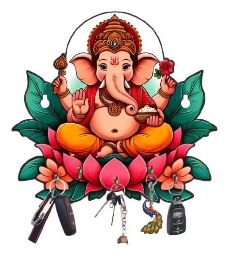 Porte-clés mural en bois : Ganesh dans un lotus