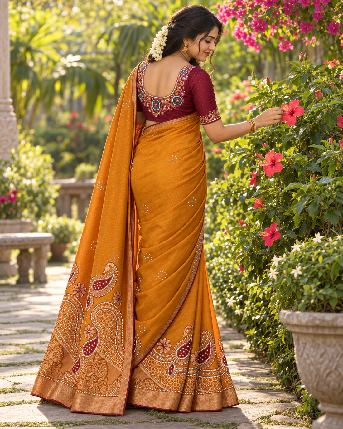 Sari "Maharani" - Jaune safran/grenat