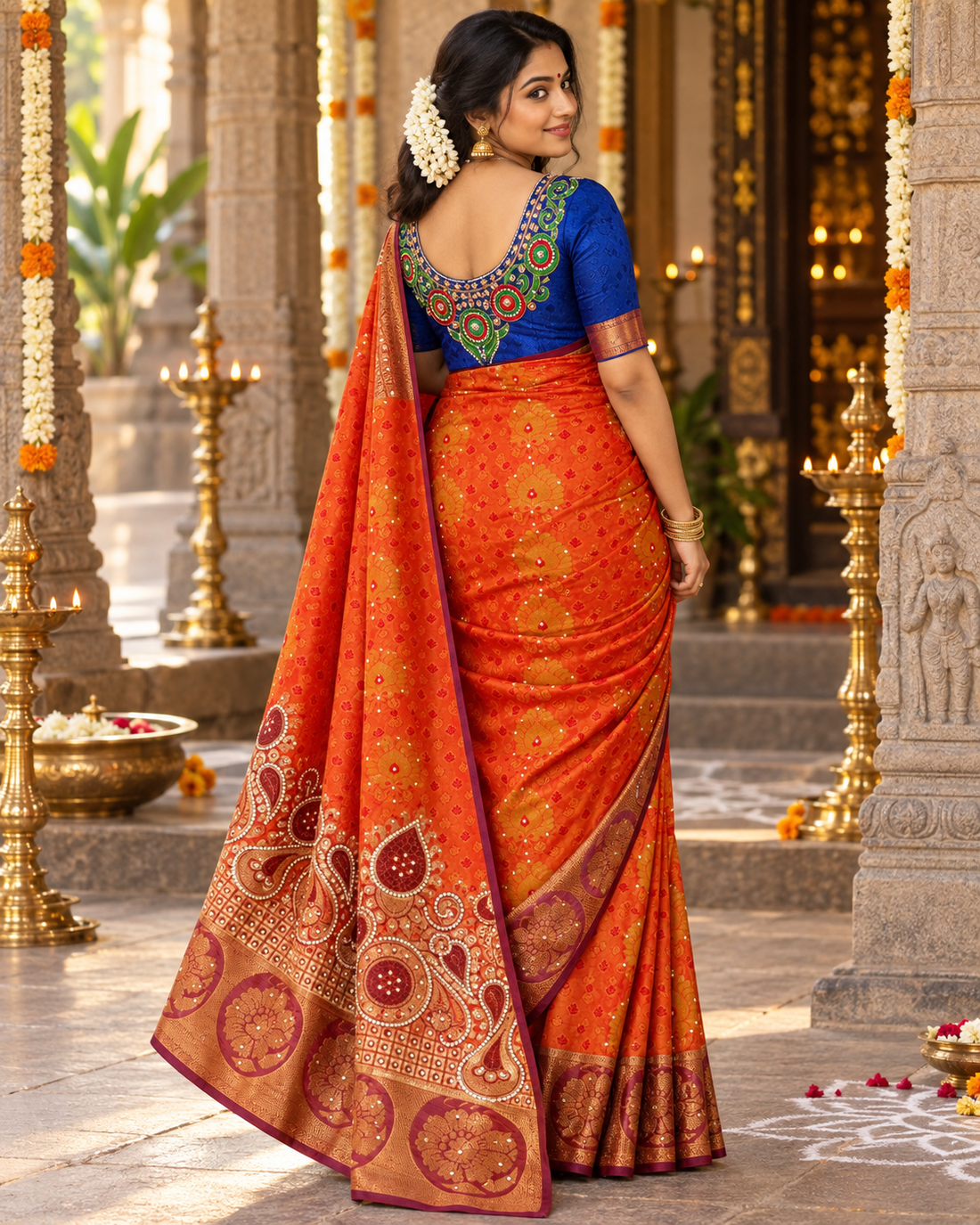 Sari "Maharani" - Orange/Bleu Marine