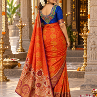Sari "Maharani" - Orange/Bleu Marine