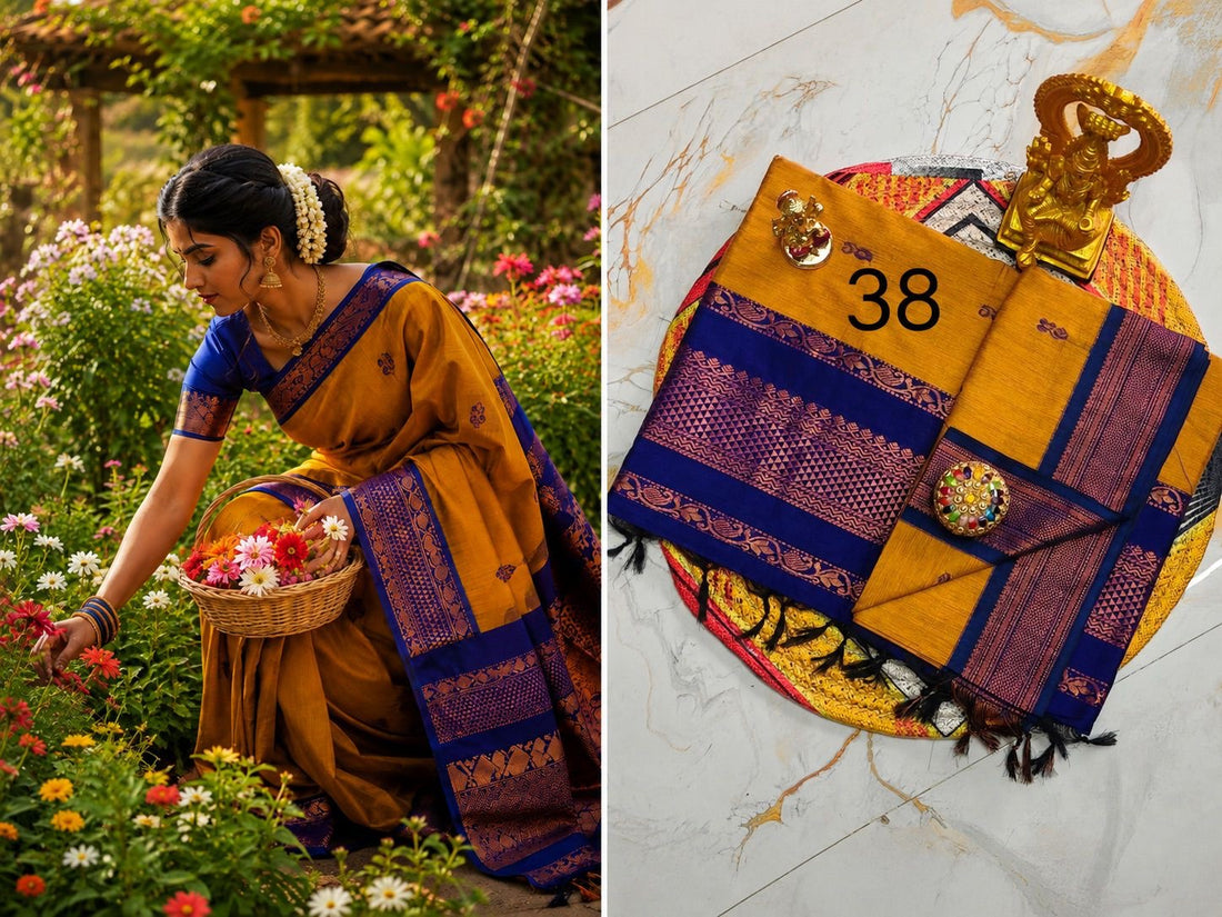 Sari "Kalyani" - Jaune moutarde/bleu