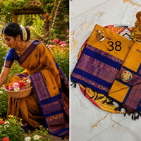 Sari "Kalyani" - Jaune moutarde/bleu