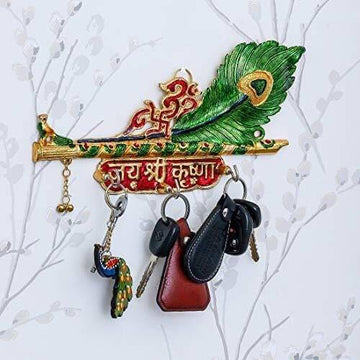 Porte-clés mural en bois : Flûte de Krishna/plume de paon