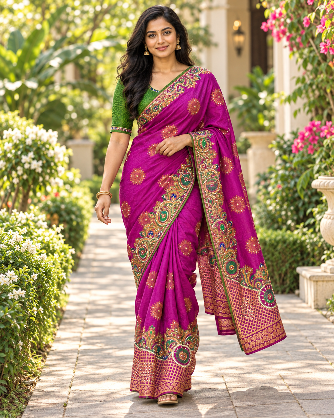 Sari "Maharani" - Fuchsia/Vert