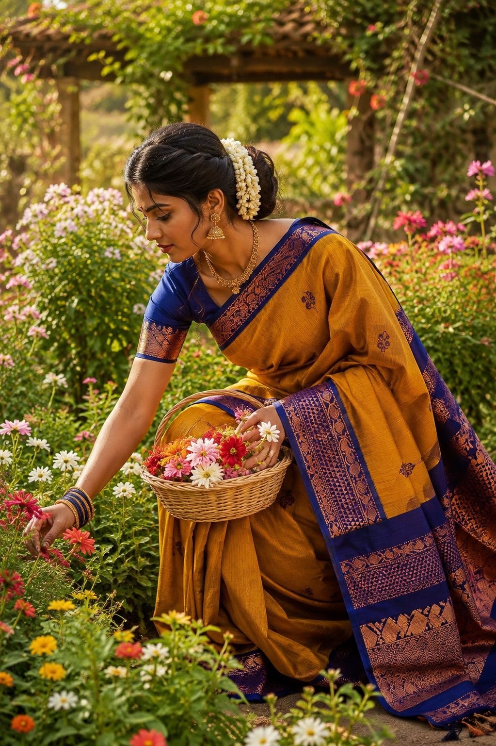 Sari "Kalyani" - Jaune moutarde/bleu