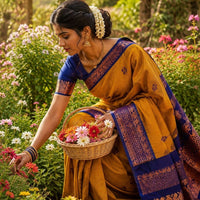 Sari "Kalyani" - Jaune moutarde/bleu