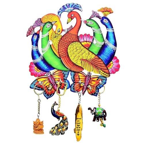 Porte-clés mural en bois : Paons multicolores