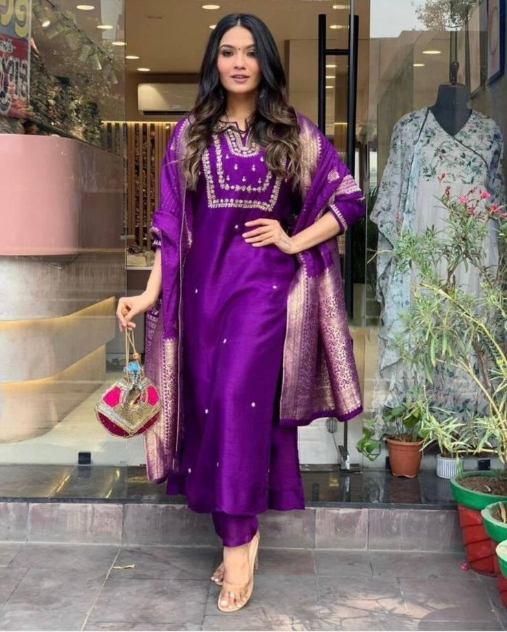 Punjabi Collection "New Chanderi" - Violet - Taille L (40)