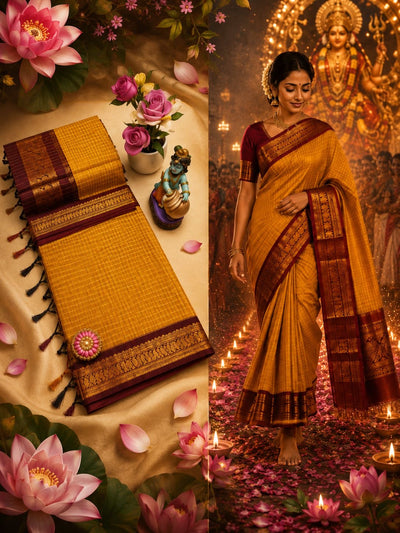 Sari "Kalyani 2" - Jaune safran/bordeaux à carreaux