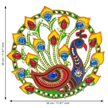 Porte-clés mural en bois : Paon coloré