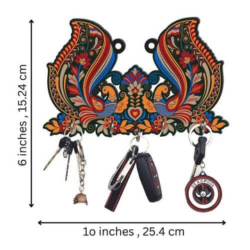 Porte-clés mural en bois : Paons motifs colorés