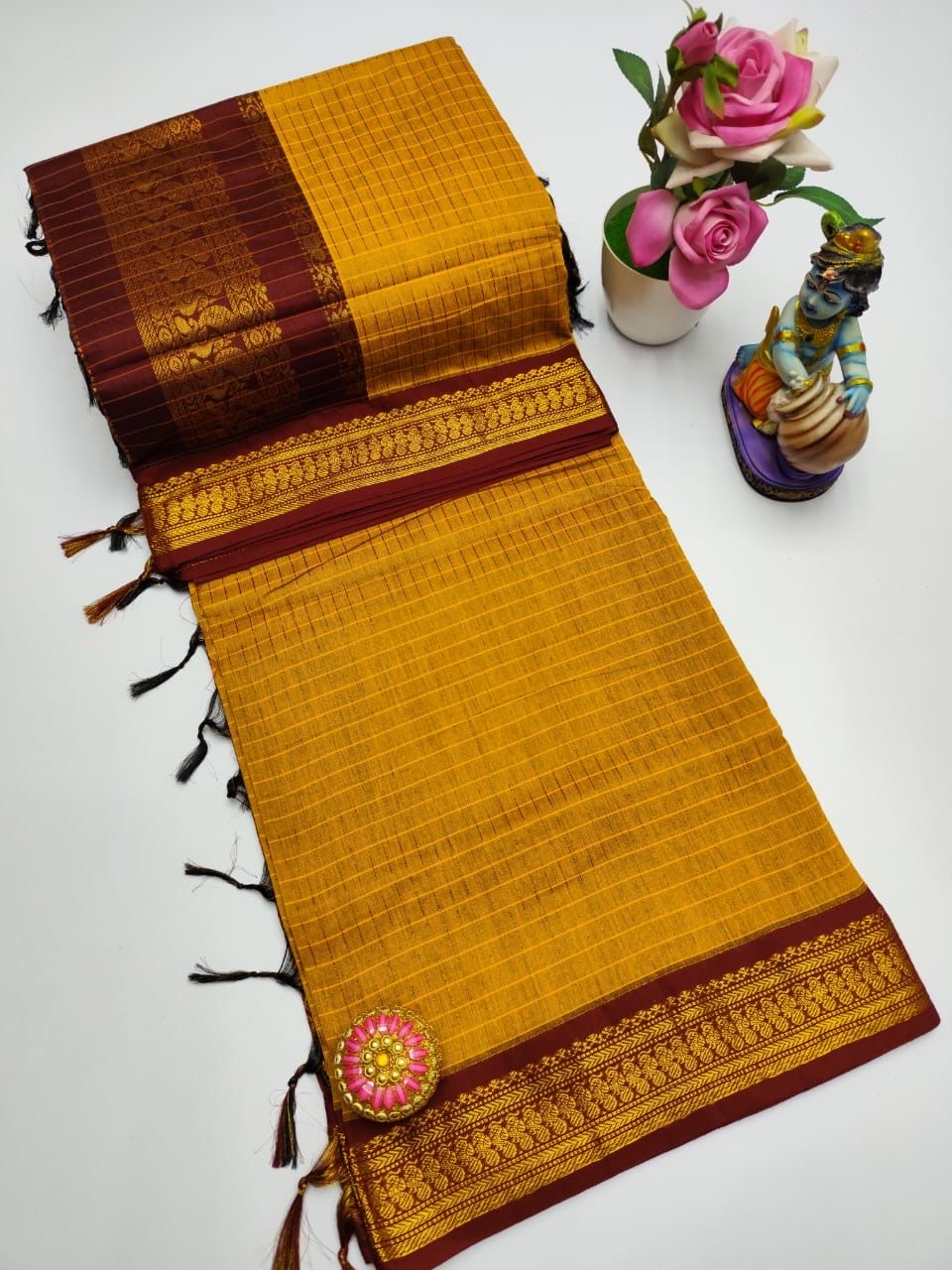 Sari "Kalyani 2" - Jaune/bordeaux à carreaux