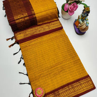 Sari "Kalyani 2" - Jaune safran/bordeaux à carreaux