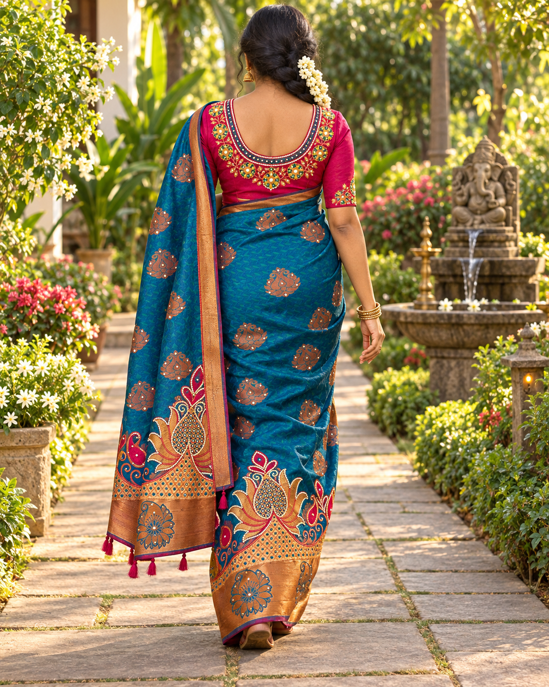 Sari "Maharani" - Bleu/Fuschia