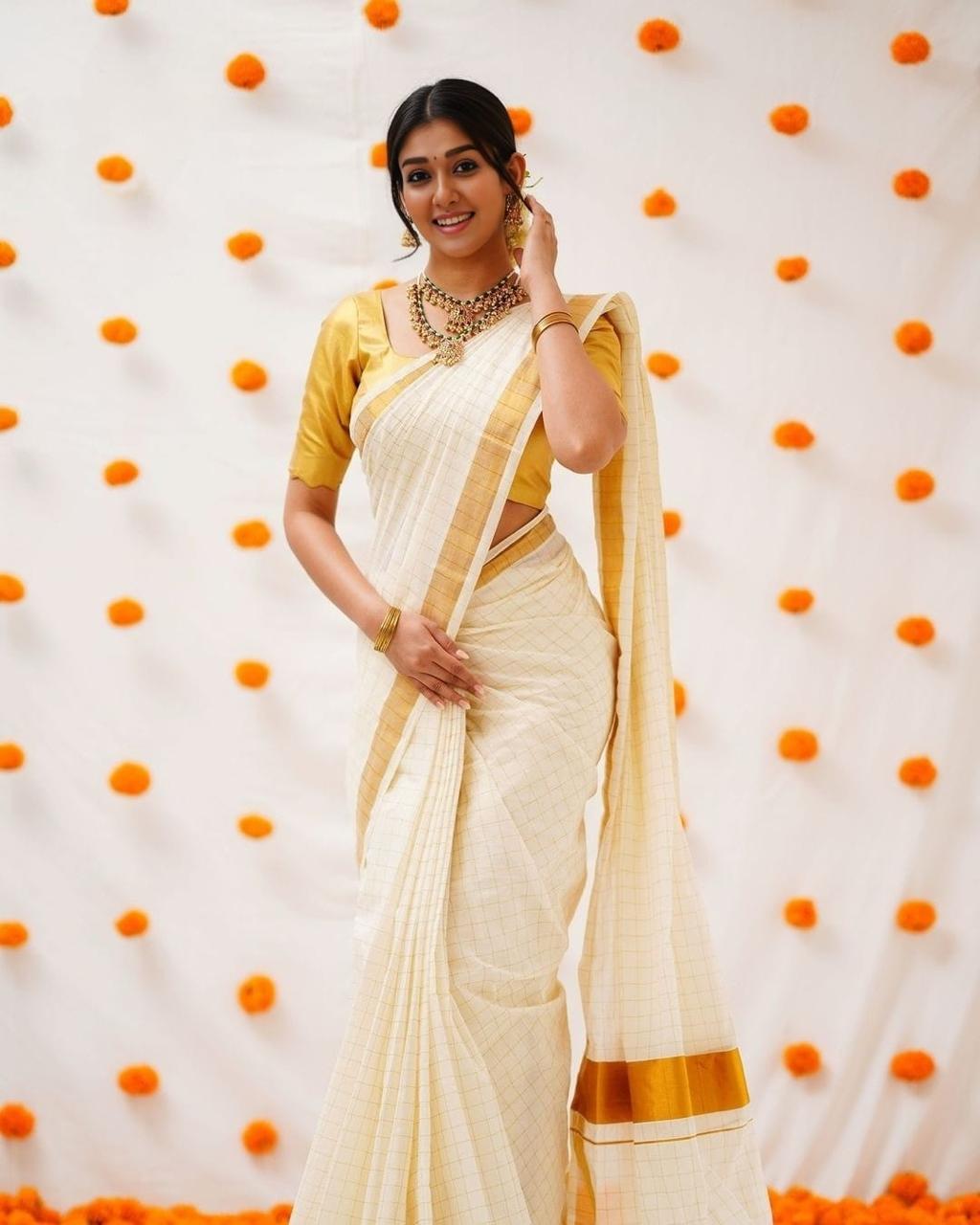 Sari "Kerali" - Blanc/doré à carreaux
