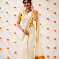 Sari "Kerali" - Blanc/doré à carreaux