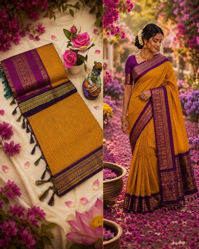 Sari "Kalyani 2" - Jaune safran/mauve à carreaux