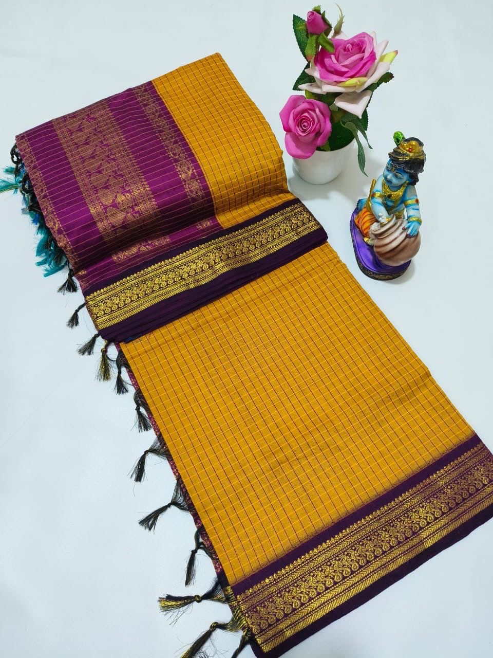 Sari "Kalyani 2" - Jaune/mauve à carreaux