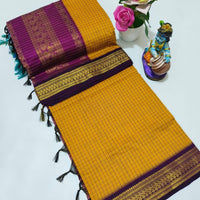 Sari "Kalyani 2" - Jaune safran/mauve à carreaux