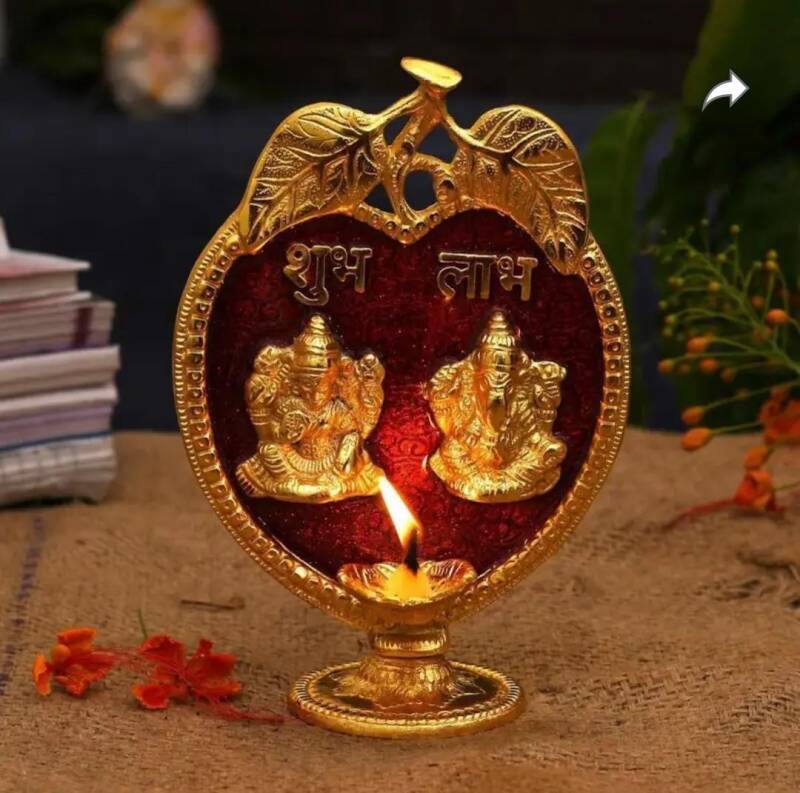 Lampe à huile en métal Lakshmi & Ganesh -