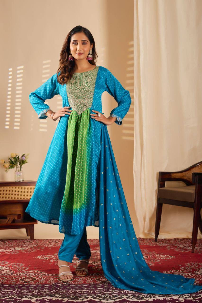 Anarkali Collection "Sajni" - Bleu turquoise/vert