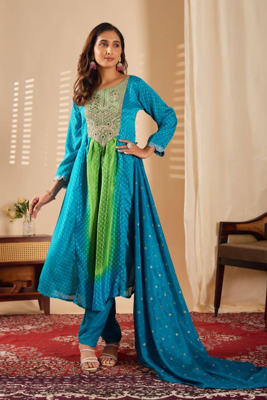 Anarkali Collection "Sajni" - Bleu turquoise/vert