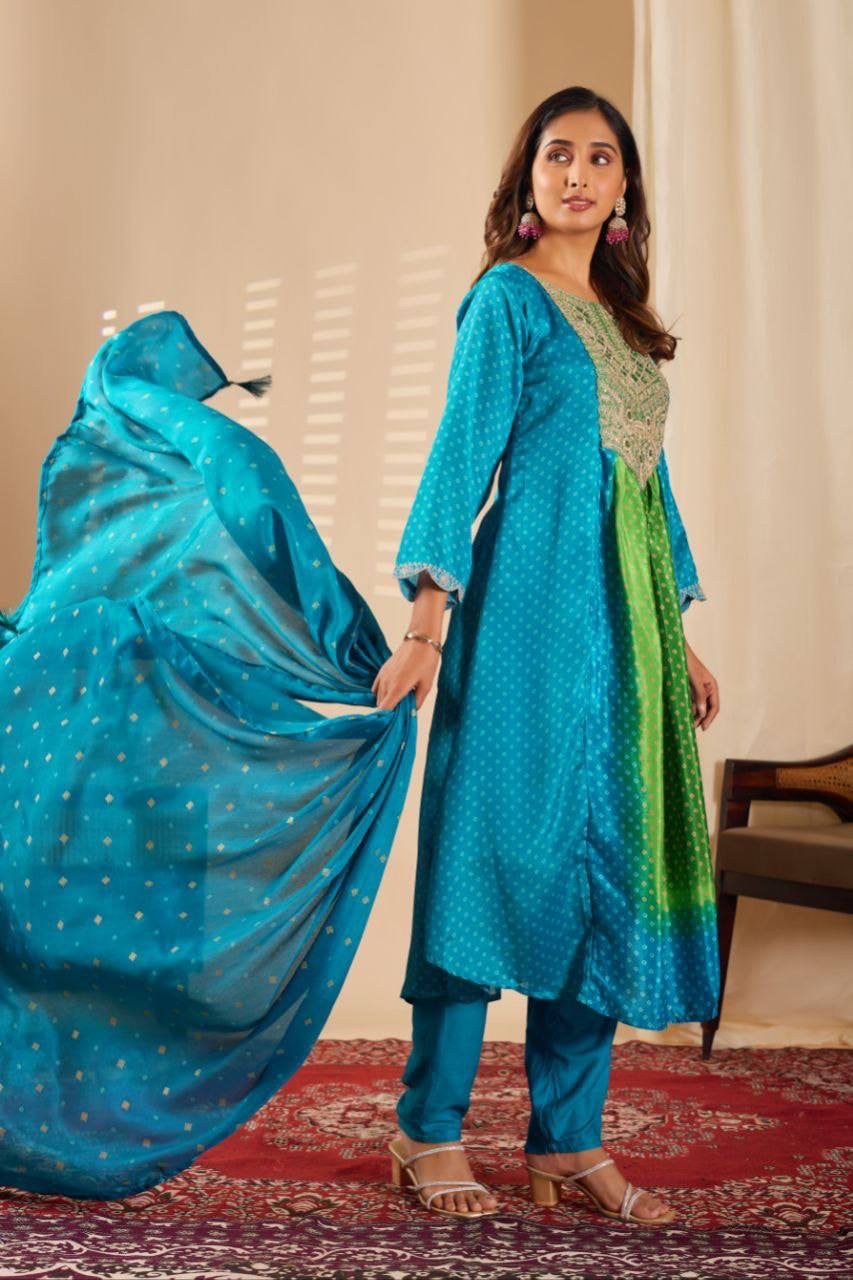 Anarkali Collection "Sajni" - Bleu turquoise/vert