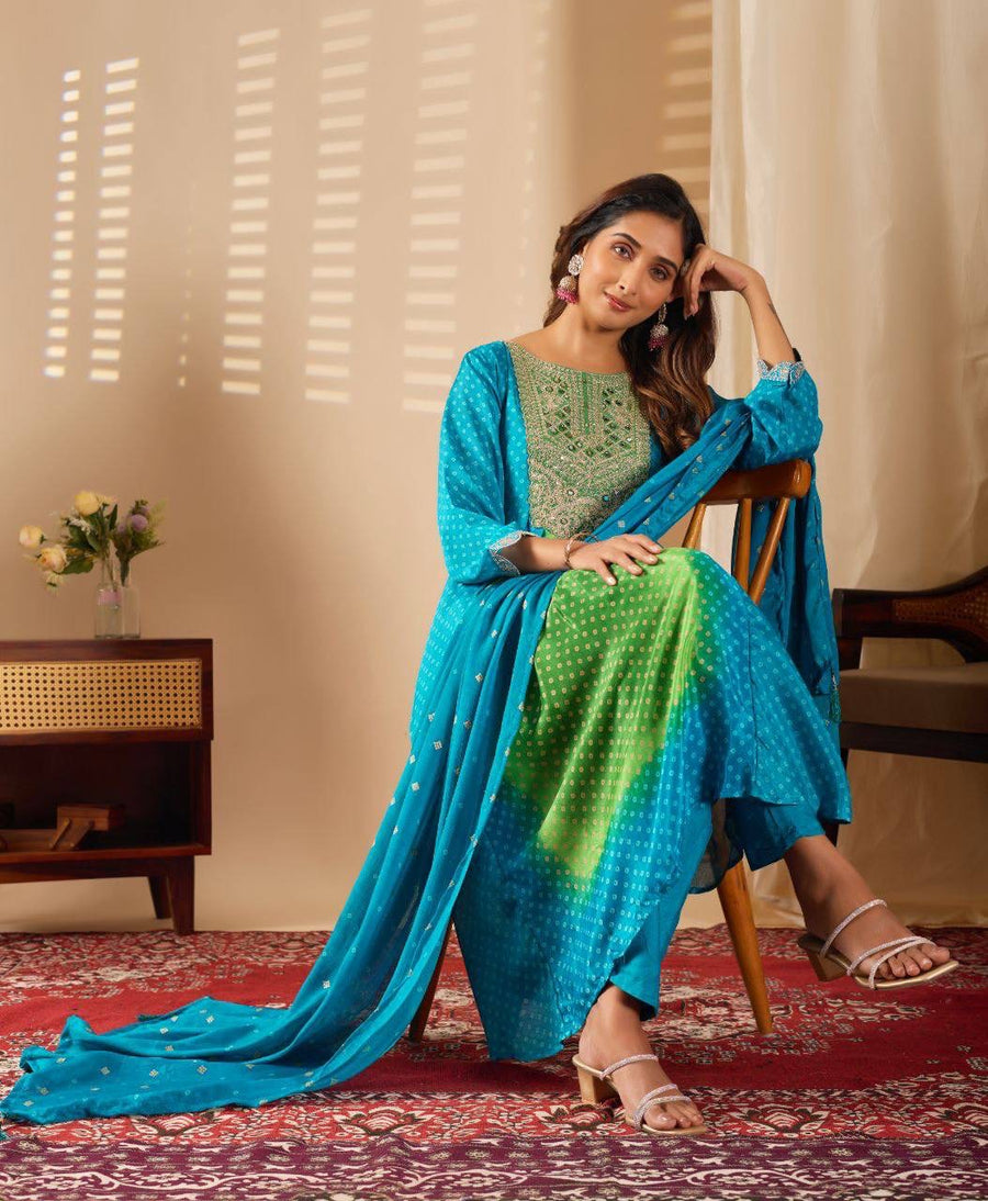 Anarkali Collection "Sajni" - Bleu turquoise/vert