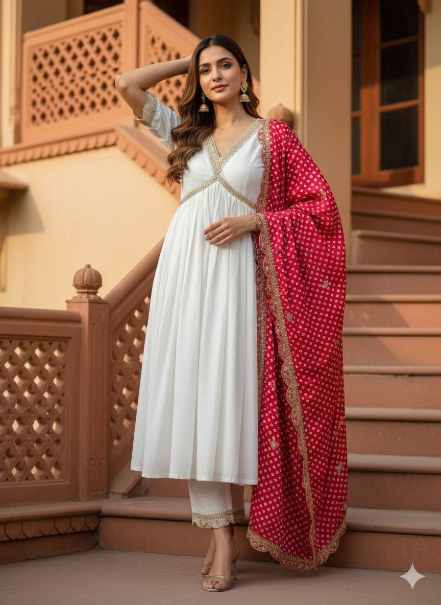 Anarkali Collection "Saneela" - Blanc/Rose