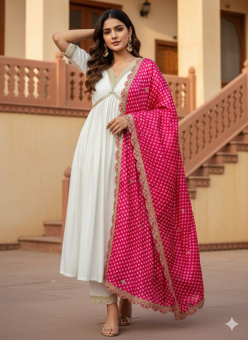 Anarkali Collection "Saneela" - Blanc/Rose