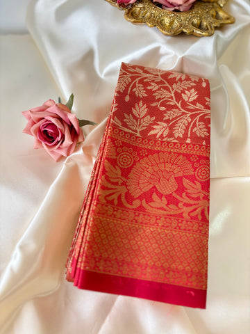 Sari Soundari -ROUGE ORANGÉ (motif Feuilles)