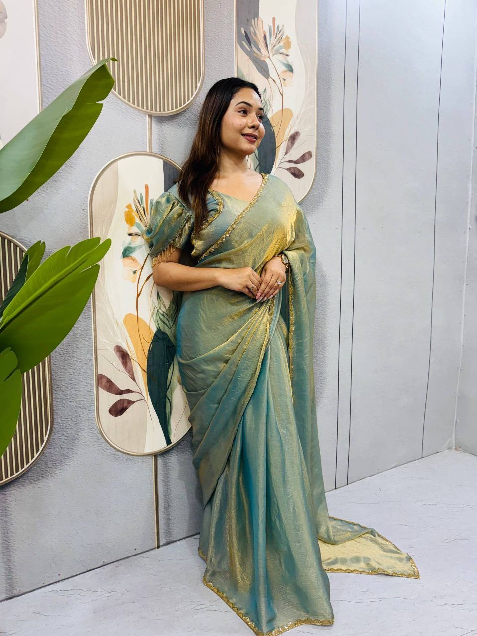 Sari prêt à porter Collection "Serendy" - Vert sauge grisé