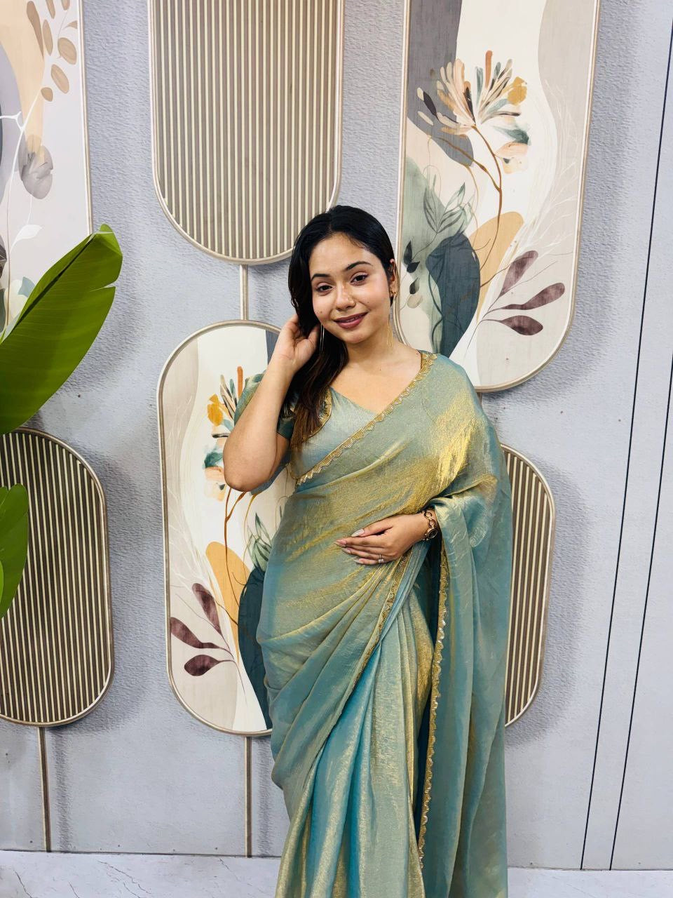 Sari prêt à porter Collection "Serendy" - Vert sauge grisé