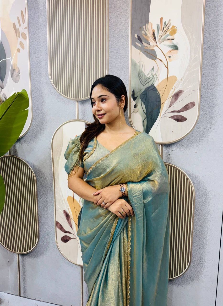 Sari prêt à porter Collection "Serendy" - Vert sauge grisé