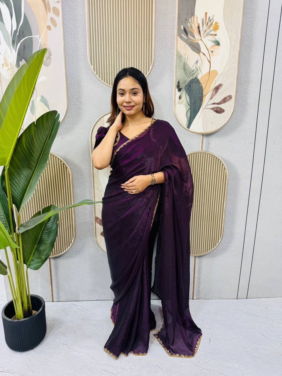 Sari prêt à porter Collection "Serendy" - Prune