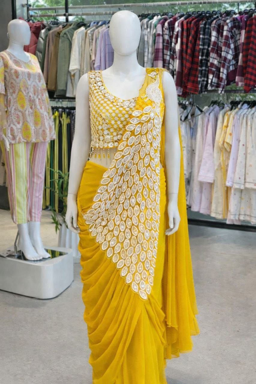 Sari prêt à porter Collection "Peacok" - Jaune