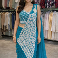 Sari prêt à porter Collection "Peacok" - Bleu