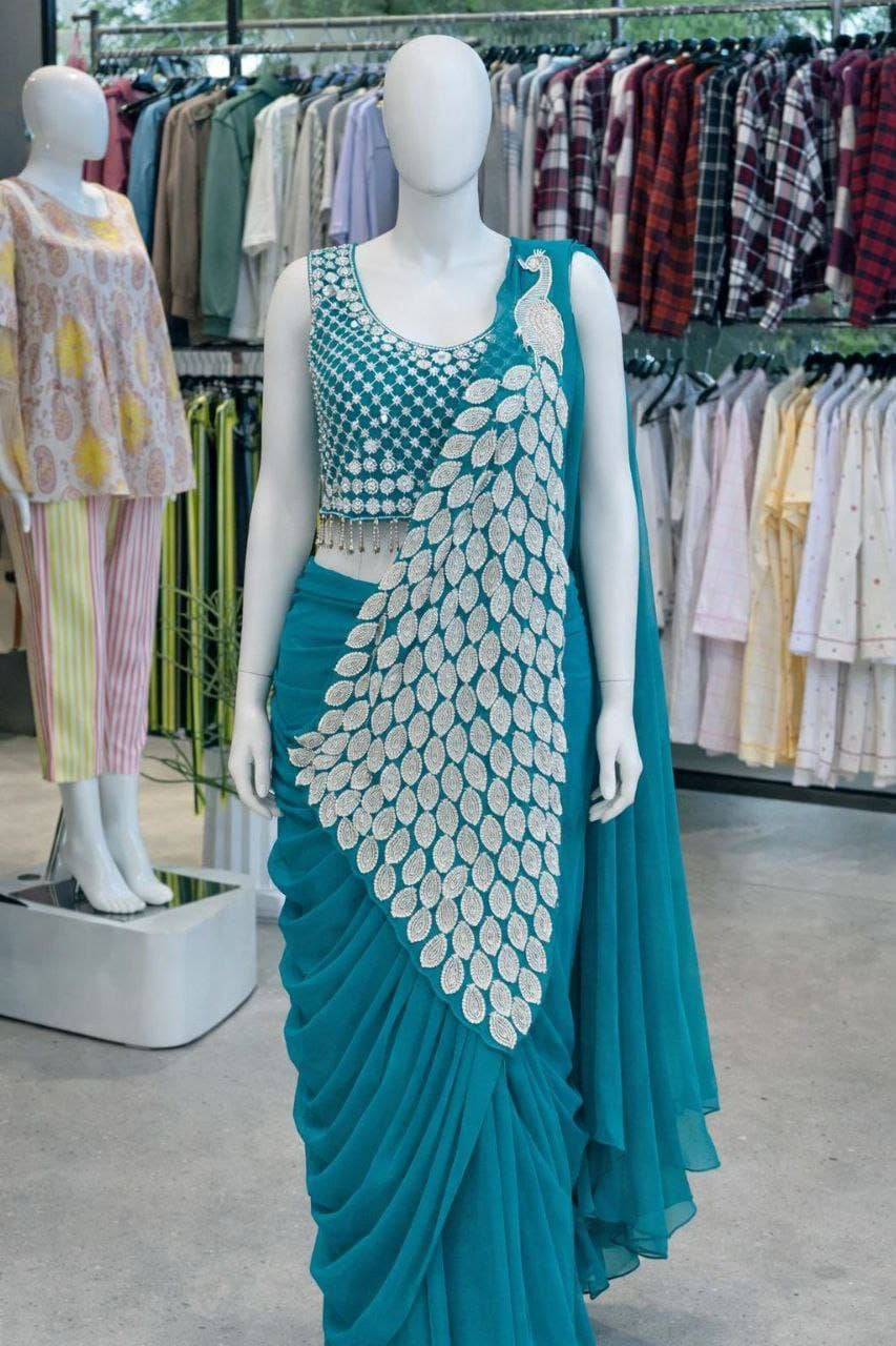 Sari prêt à porter Collection "Peacok" - Bleu