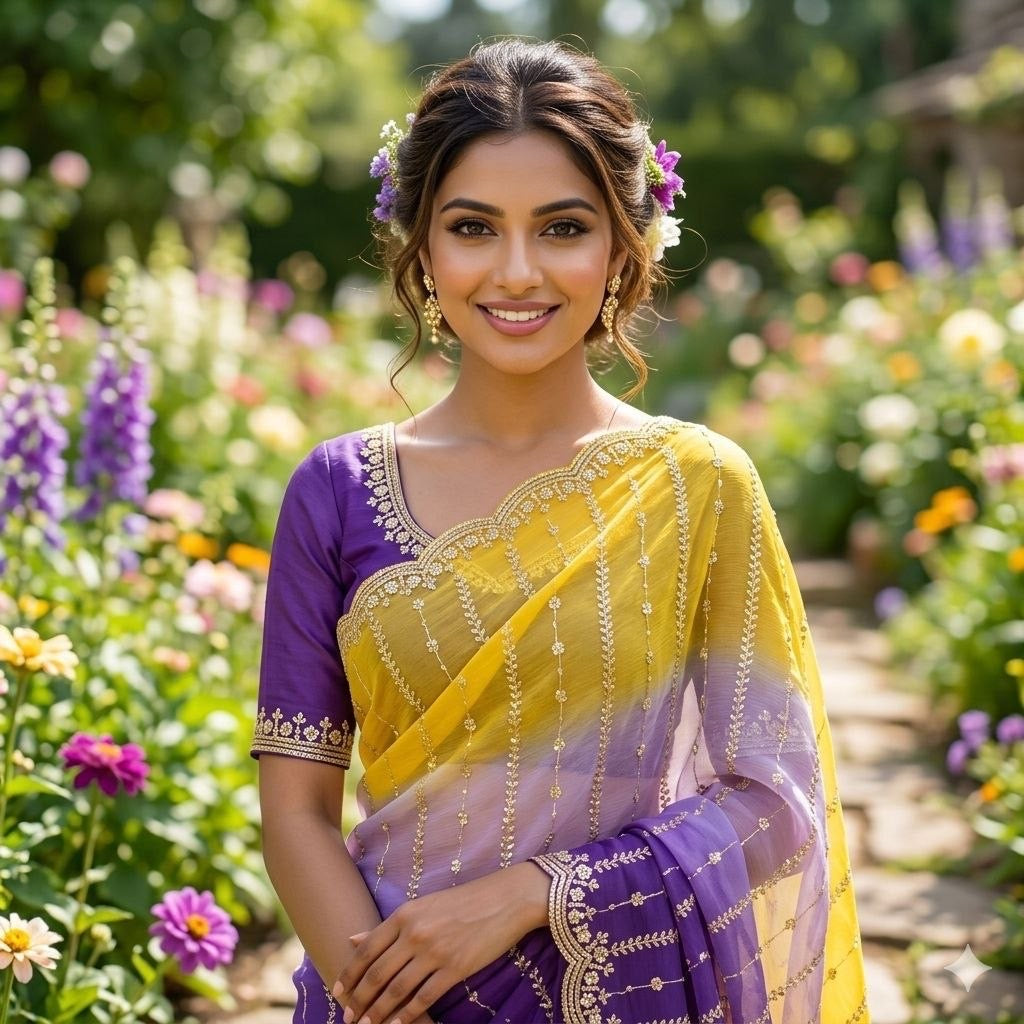 Sari "Gayatri" - Violet/jaune