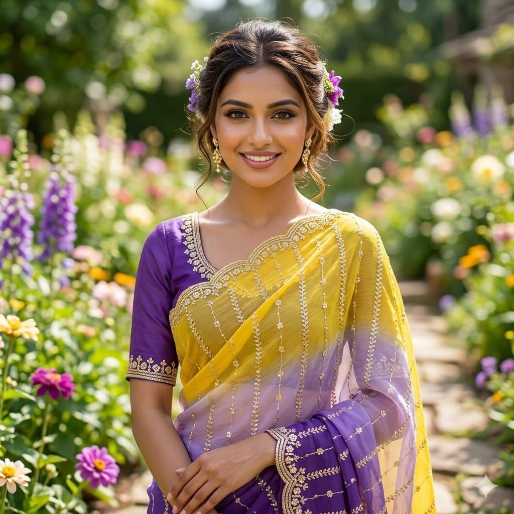 Sari "Gayatri" - Violet/jaune