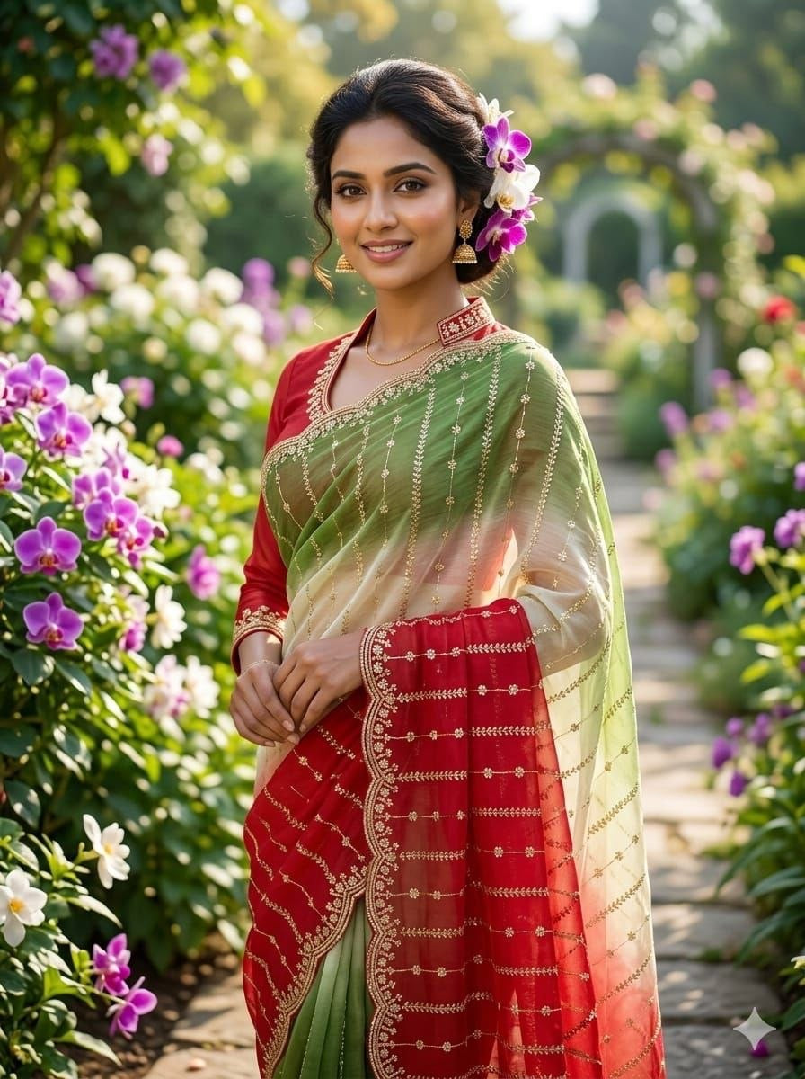 Sari "Gayatri" - Rouge/vert