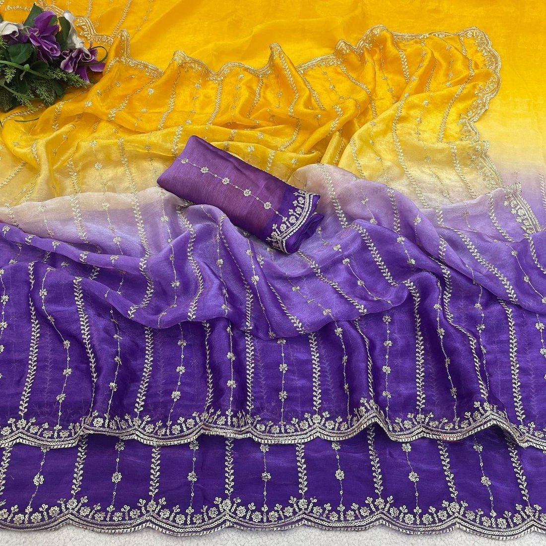 Sari "Gayatri" - Violet/jaune
