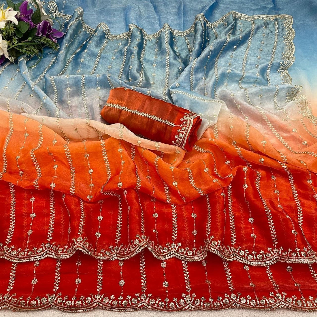 Sari "Gayatri" - Orange/bleu clair